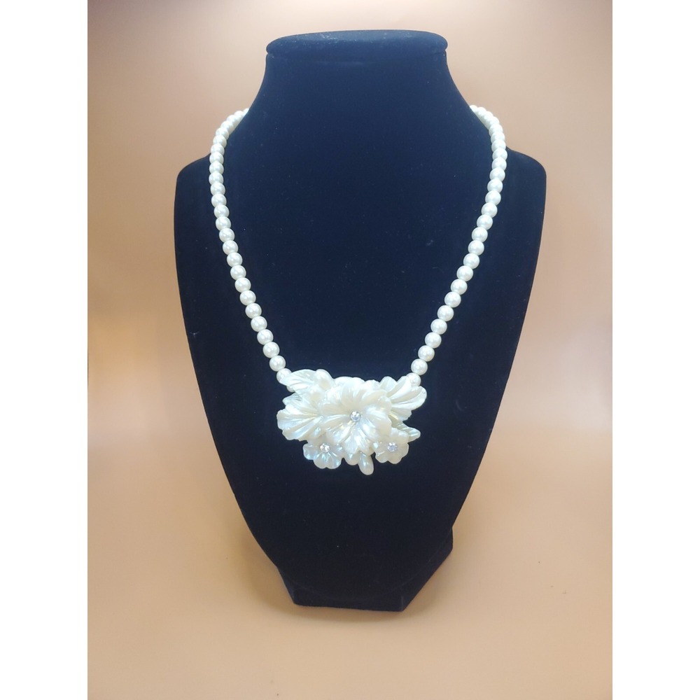 Vintage Petunia Floral Blossom Acrylic Pendant  Necklace Faux Pearl &Rhinestones